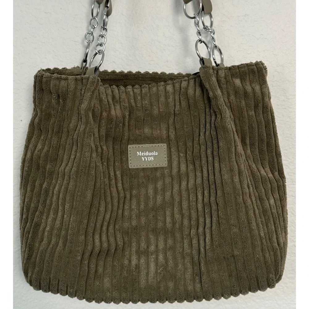 Meiduola‎ YYDS Corduroy Tote Bag Soft Green Ribbed Purse Tote Shoulder Bag